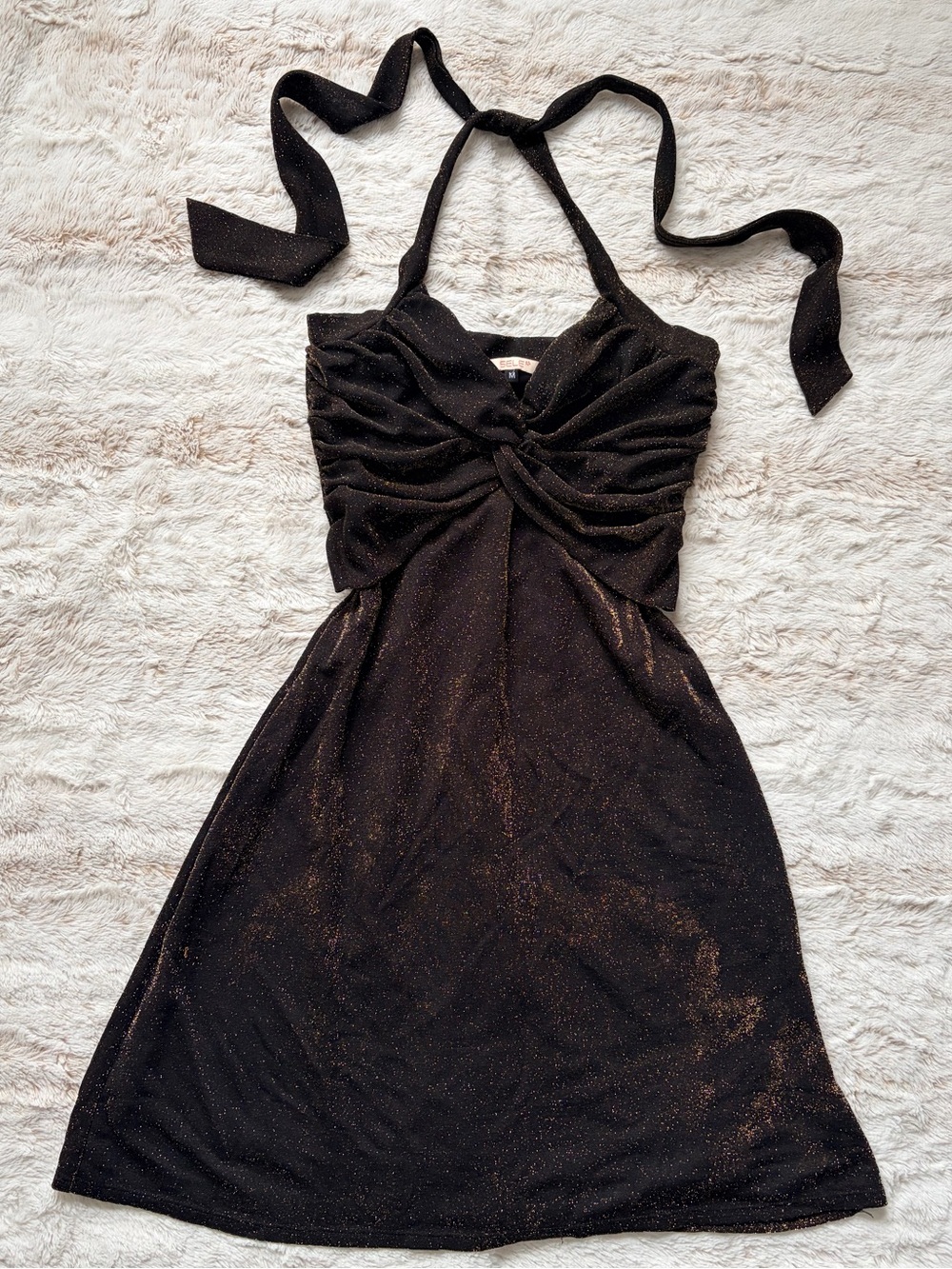 🧚🏼 Vintage Y2K SELE Metallic Glitter Halter Mini Dress Rave Festival Fairycore